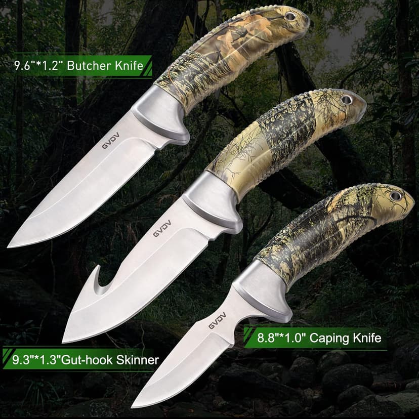 GVDV Hunting Knife Set - 14 Pieces, Portable Butcher Game Processing Kit for Men, Field Dressing Kit with Gut Hook Skinner Knife, Caping knife, Axe, Wood/Bone Saw, Spreader, Gloves, Gifts for Men