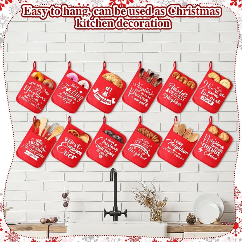 12 Pcs Christmas Neighbor Gifts Red Potholders with Pocket Pad Oven Hot Mitts Cookie Bag Pot Holder Christmas Kitchen Gift Cooking Baking for Neighbor Gift Housewarming Idea