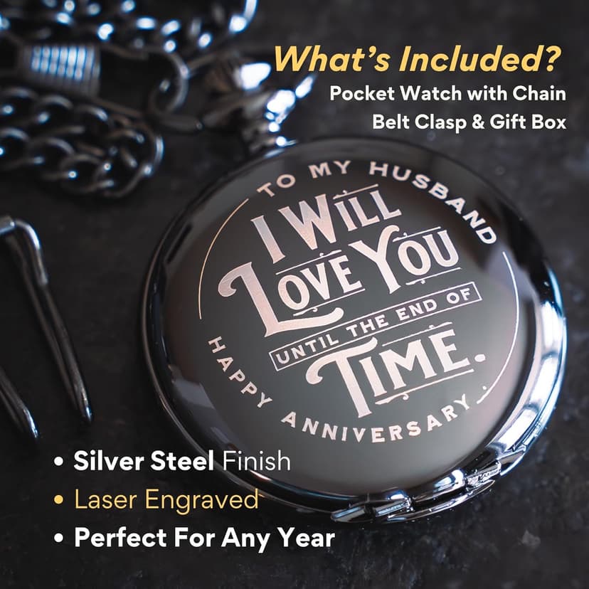 Anniversary Pocket Watch for Husband - Engraved Silver Stainless Steel - Meaningful Keepsake - Boxed and Ready to Give