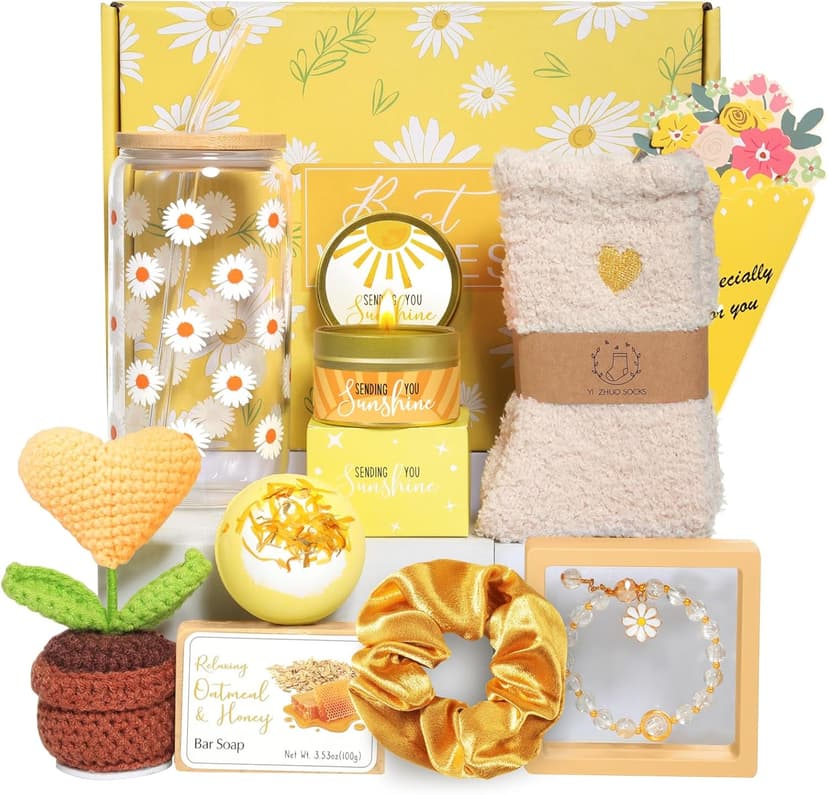 Birthday Gifts for Women, Gift Baskets for Women, Best Friend Friendship Gifts, Get Well Soon Inspirational Gift Set Box for Woman Her Teen Girl Sister Friendship w 18oz Daisy Cup