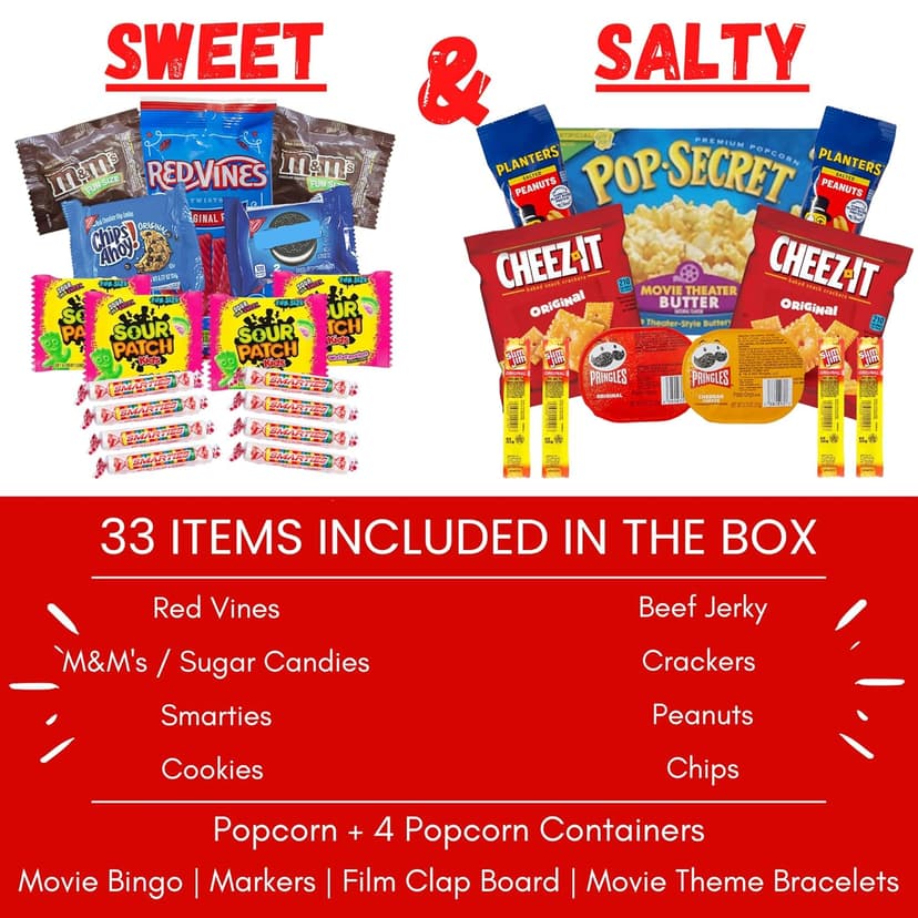 Movie Night Gift Basket – 42-Piece Gift Box with Popcorn, Candy, Snacks & Bingo – Birthdays, Date Night, Family, Kids, Adults, Mom, Dad, Teens, Christmas, Mothers Day, Fathers Day, Raffle & Fundraiser
