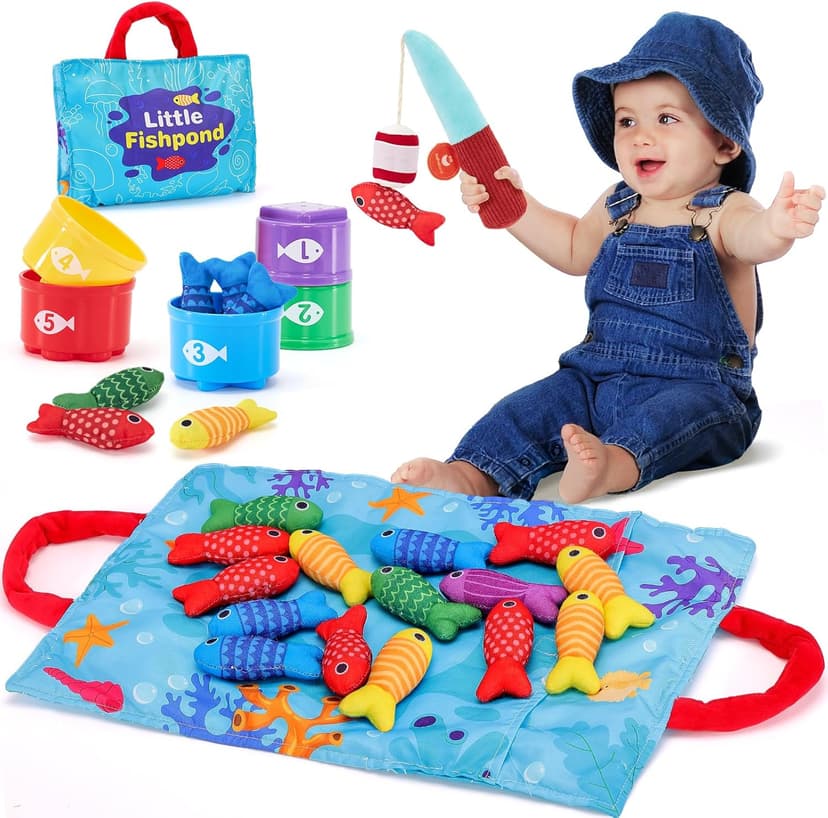 hahaland Montessori Toys for 1 Year Old - 10 in 1 Cloth Toddler Fishing Game with Stacking Cups, Baby Toy 12-18 Months One Year Old Boy Birthday Gift, Toddler Toys for 1 2 Year Old Boy Girl Gifts