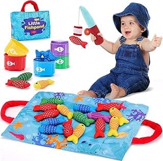 hahaland Montessori Toys for 1 Year Old - 10 in 1 Cloth Toddler Fishing Game with Stacking Cups, Baby Toy 12-18 Months One Year Old Boy Birthday Gift, Toddler Toys for 1 2 Year Old Boy Girl Gifts