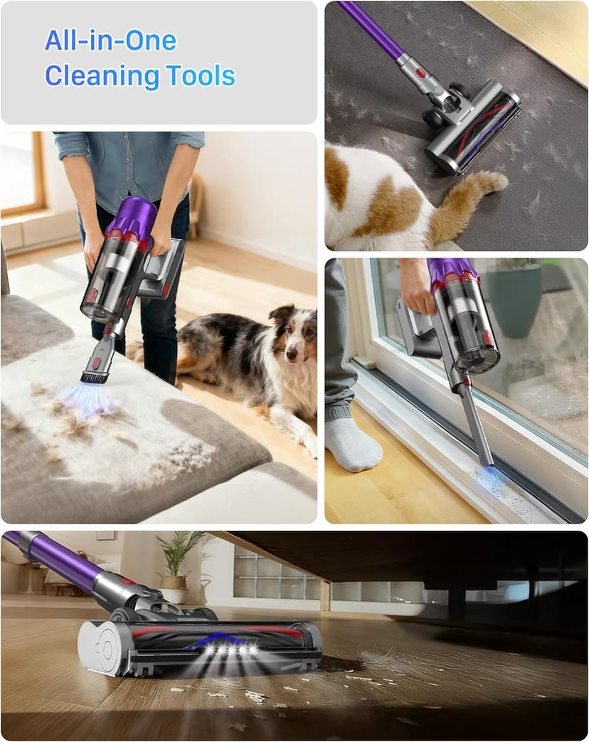 Cordless Vacuum Cleaner - Powerful Stick Vacuum with HEPA Filter, 55-Min Runtime, LED Light, Anti-Tangle Brush, Detachable Battery, Lightweight for Home, Pet Hair, Carpets & Hard Floors