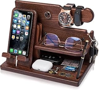 TESLYAR Wood Phone Docking Station for Men - Desk or Nightstand Organizer - Birthday Gifts for Husband, Dad - Anniversary Idea from Wife - Key Holder, Stand Wallet, Watch & Essentials (Bourbon Brown)