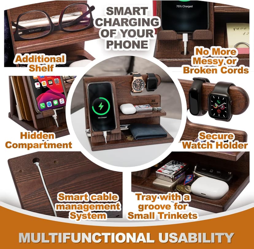 TESLYAR Wood Phone Docking Station for Men - Desktop or Nightstand Organizer - Birthday Gifts for Men, Dad - Anniversary Idea from Wife - Key Holder, Stand Wallet, Watch & Essentials (Bourbon Brown)