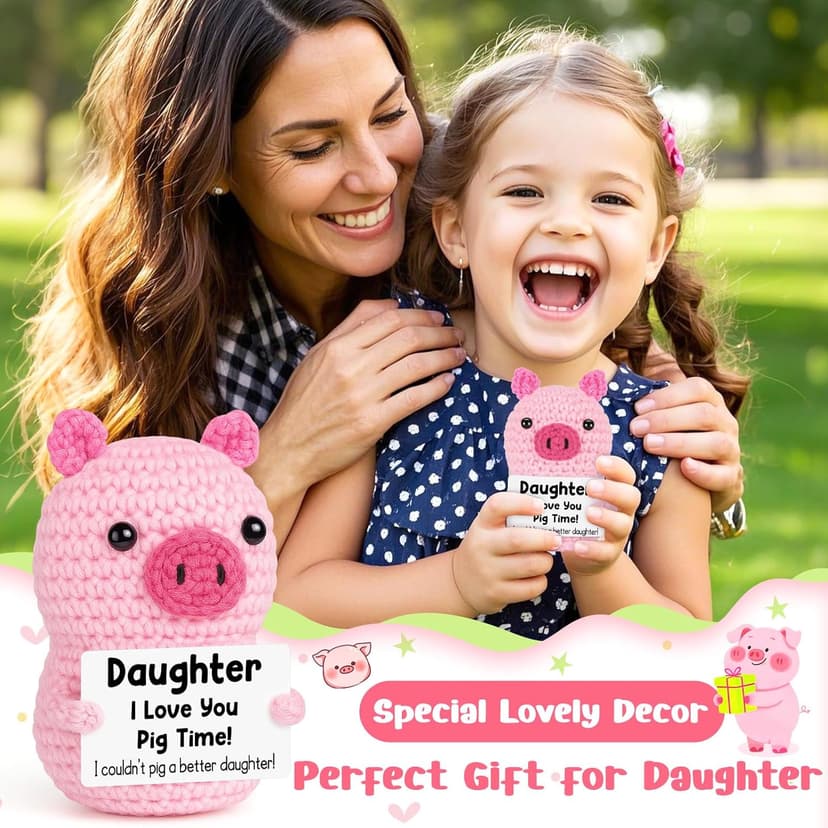 Funny Positive Pig Gifts for Daughter Birthday Christmas, Handmade Crochet Emotional Inspirational Pink Pig for Daughter Teens Adult, Daughter Gifts for Birthday Graduation Christmas Cute Decor