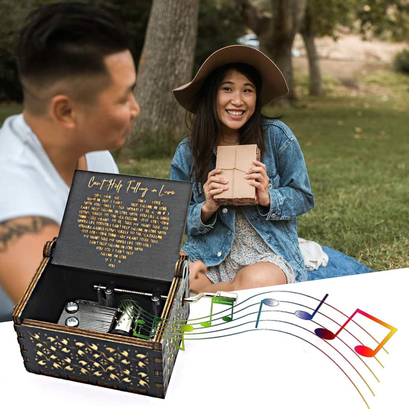 Can't Help Falling in Love Wood Music Box, Antique Engraved Musical Boxes Case for Love One Wooden Music Box - Gifts for Lover, Boyfriend, Girlfriend, Husband, Wife (Black)
