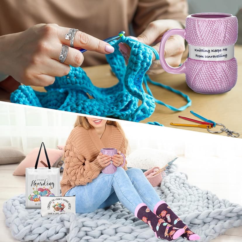 7 Pcs Crochet Knitter Gift Set Humorous Novelty Crochet Mug Mini Hooks Keychain Knitting Loop Ring Makeup Bag Handbag Sock for Women Christmas Beginner Lovers Gifts