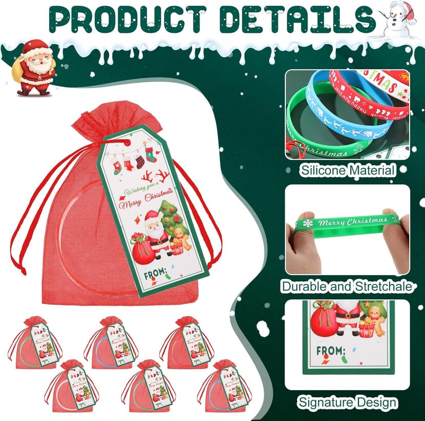 Liliful 72 Pcs Christmas Gifts 24 Set Christmas Students Gifts, Xmas Silicone Wristbands with Gift Label Tags and Organza Bags for Kids Stocking Stuffers Classroom Gift Party Favors(Merry Style)