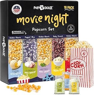 Pop n' Dulge Popcorn Movie Night Supplies 16 pcs Gift Set, 5 Gourmet Popcorn Kernels, 5 Seasoning Variety Packs Non-GMO Kosher Snacks, Great Housewarming Family Date Night Gifts Basket Ideas For Him Her