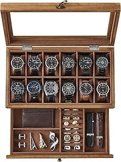 SONGMICS SONGMICS 12-Slot Watch Box, 2-Tier Watch Display Case with Large Glass Lid, Removable Watch Pillows, Velvet Lining, Jewelry Box, Gift Idea, Rustic Walnut UJOW012K01