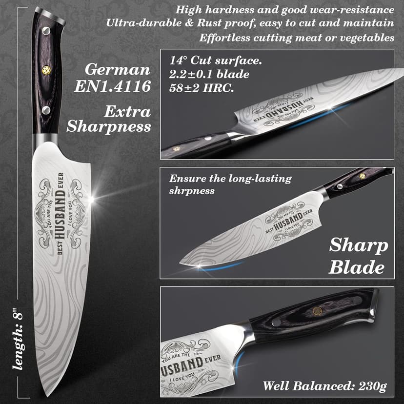 Anniversary Men Gifts for Him Husband, 8 inch Professional German Stainless Steel Chef Knife, Engraved Best Husband Ever Knife Gift, Christmas Anniversary Birthday Gifts for Men Husband