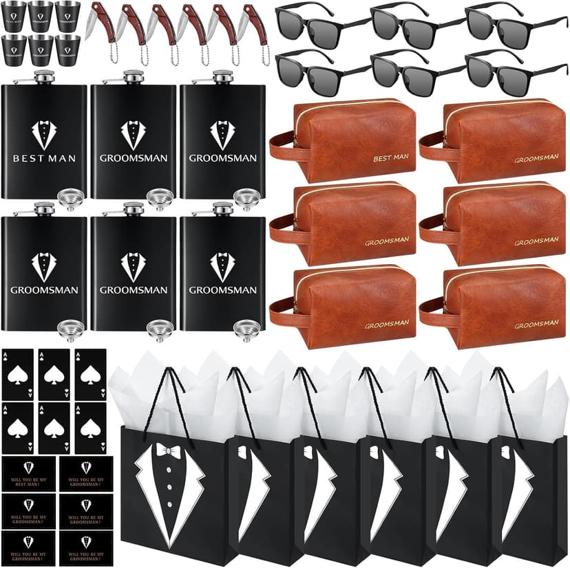 60Pcs Groomsmen Gifts Set of 6, Groomsmen Proposal Box with Flasks Sunglasses PU Leather Toiletry Bag Bottle Opener for Wedding Groomsman Best Man Gift