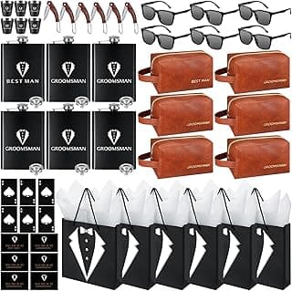 60Pcs Groomsmen Gifts Set of 6, Groomsmen Proposal Box with Flasks Sunglasses PU Leather Toiletry Bag Bottle Opener for Wedding Groomsman Best Man Gift