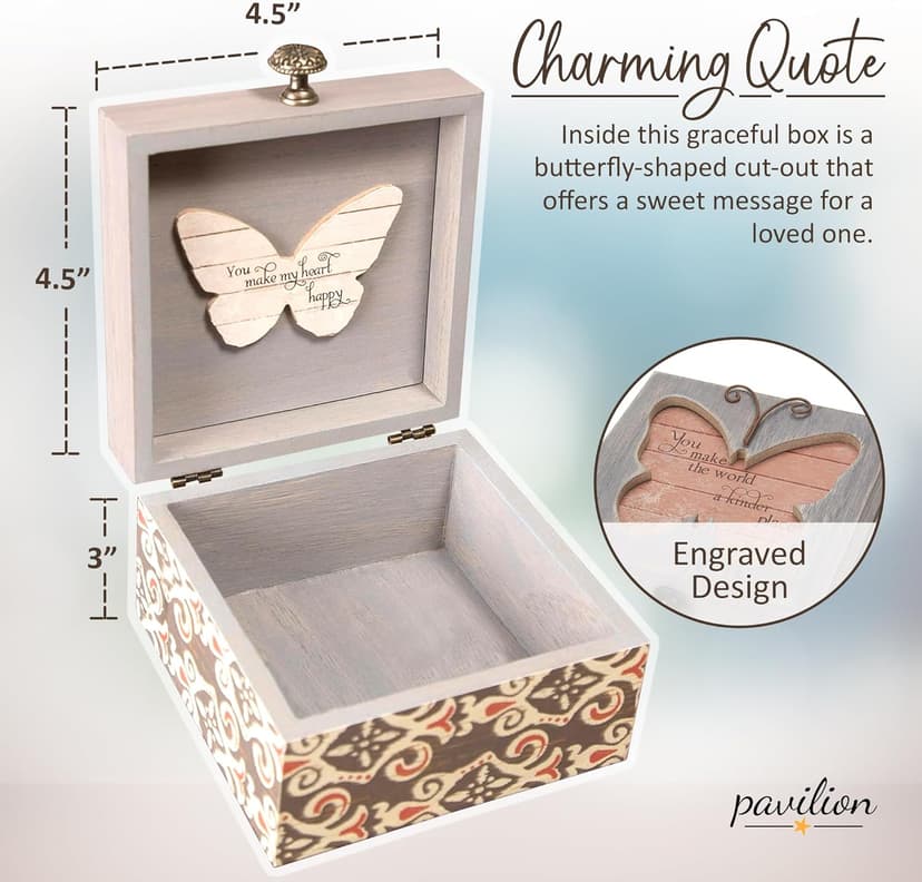 Pavilion 'Simple Spirits Butterfly' 41102 - Wooden Hinged Keepsake Box with Patterned Design and Printed Message for Friends and Loved Ones, Storage for Cosmetic, Trinkets, and Jewelry