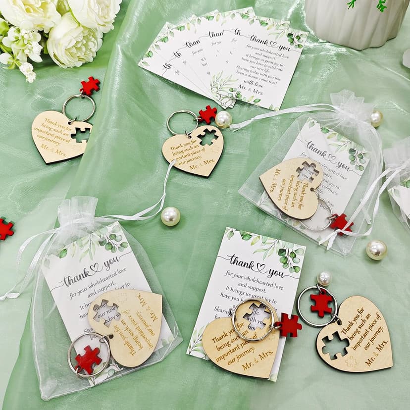 AerWo 50 Sets Wedding Favors for Guests, Wedding Party Favors with Rustic Wood Heart Puzzle Keychains Thank You Cards and Organza Bags, Wedding Gifts for Guests Wedding Bridal Shower Thank You Gifts
