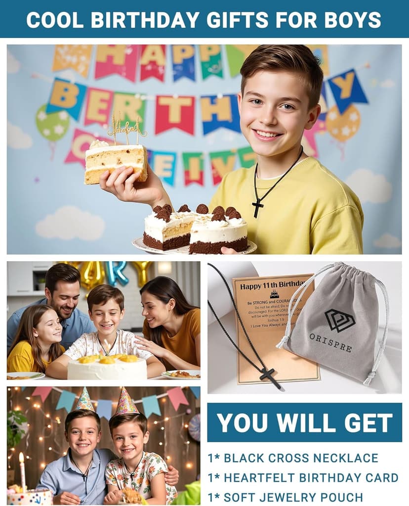 Happy Birthday Gifts for Boys 8-18 Years Old, Black Cross Necklace with Bible Verse Joshua 1:9 for Son, Grandson, Nephew, Friend