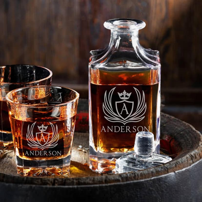 Personalized Whiskey Decanter, Custom Liquor Decanter 25oz, Engraved Whiskey Glass Set With Wood Gift Box Options, Whiskey Gifts for Men, Dad, Birthday, Retirement, Wedding (Square Decanter)