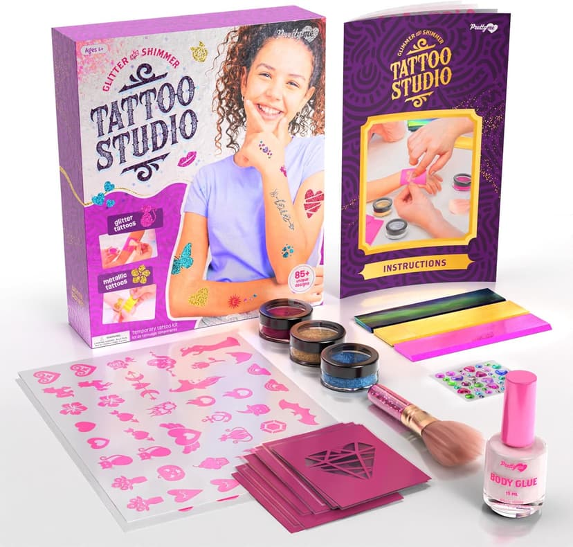 Pretty Me Glitter Tattoo Kit for Kids - Glitter & Metallic Fake Tattoos for Girls - Birthday Gift Ideas for Girl - Temporary Tattoo Set - Craft Kits Toys for Ages 6 7 8 9 10 11 Year Old - Cool Gifts