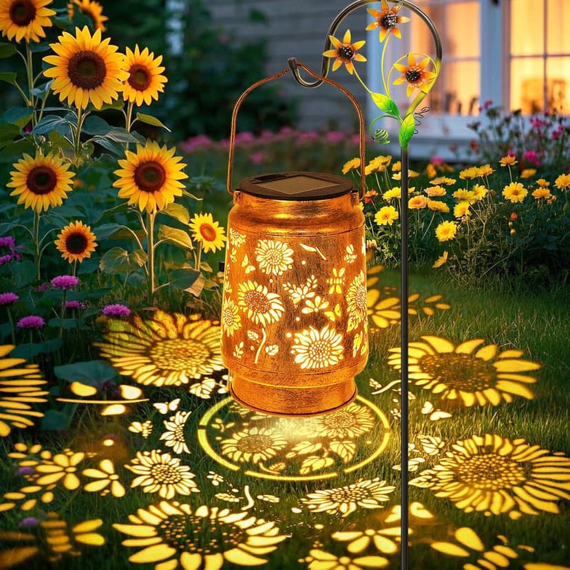Sunflower Solar Lanterns Outdoor Waterproof, Christmas Gifts for Women Mom Grandma, Metal Hanging Lantern Solar Lights LED Decoration with Shepherd Hook Outside for Yard, Patio, Porch, Garden Decor