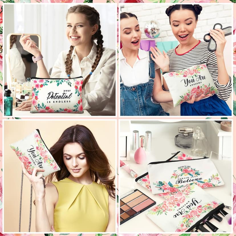 Pinkunn 16 Pcs Canvas Makeup Bags Bulk Inspirational Gift Quotes Cosmetic Bags with Zipper Encouragement Travel Toiletry Pouch Appreciation Gift for Women Girls Birthday Party Favors(Flower)