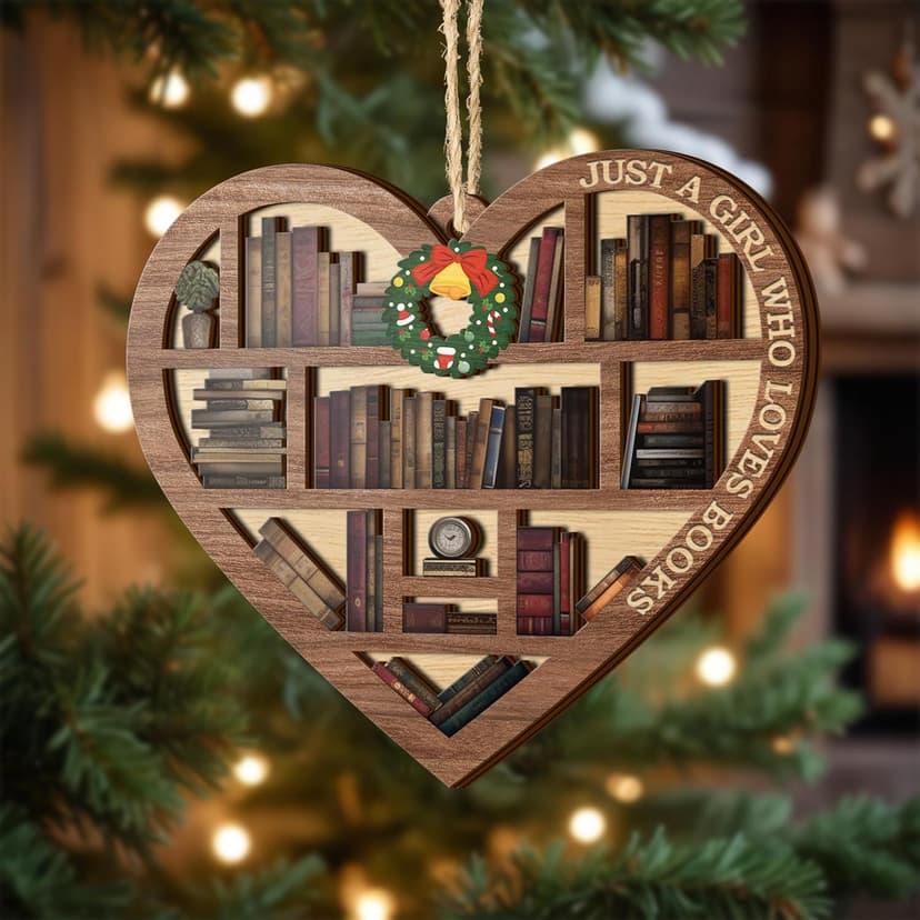 V VIBEPY All Over Printed, Book Lovers Ornaments, Bookshelf Heart Christmas Book Ornament 3.2"x3.5" 2 Layer, Gift for Girl Book Lovers, Gift Idea for Christmas