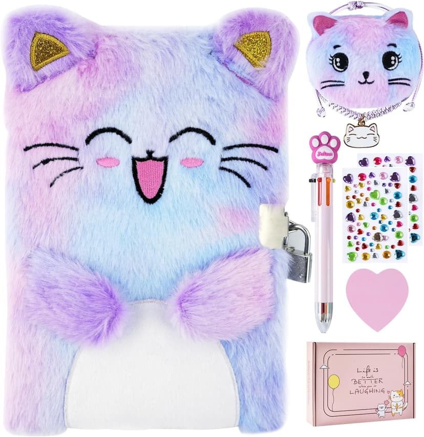 Cat Diary with Lock, Gift for 6 7 8 Year Old Girl, Secret Diary Journal Notebook with Coin Purse, Multicolored Pen, Post-it Note, Stickers, Practical Gift for Birthday (A Happy Cat)