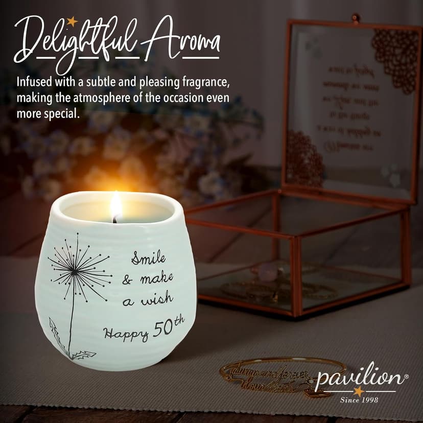 Pavilion Gift Company - 8 Oz Candle Holder - Green Ceramic Candle Jar with 100% Soy Wax Candle Serenity Scent "Smile And Make A Wish, Happy 50th" Ideal Gift for Loved Ones - Printed Text, Love Theme
