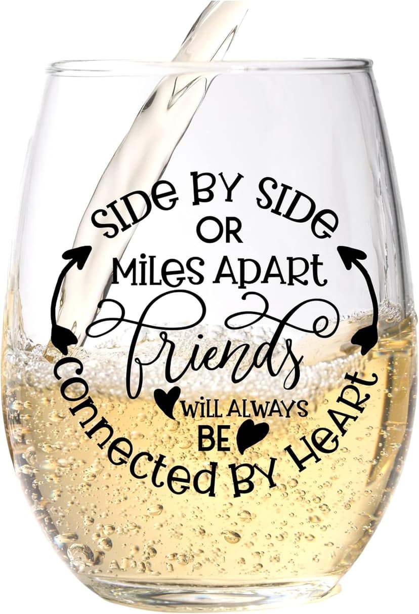 Side By Side Or Miles Apart Best Friend Wine Glass - 15 Oz, Scratch-Resistant Wine Glass - Birthday Gifts for Her, Stocking Stuffer, or Long Distance Friendship Gifts for Women - Printed in the USA