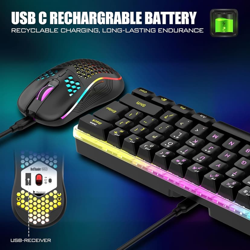 RedThunder 60% Wireless Gaming Keyboard & Mouse Combo with Rechargeable Battery, Ultra-Compact Small RGB Mechanical Feel Keyboard, Ergonomic Lightweight Honeycomb Optical Mouse for Gaming/Business