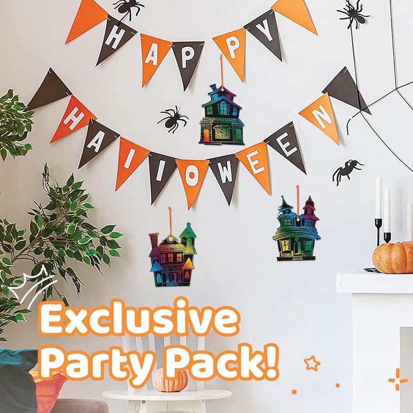 Halloween Magic Scratch Crafts for Kids and Adults - DIY Halloween Decorations - Haunted House Arts and Crafts Ornaments - Includes 24 Haunted House Ornaments, 24 Scratch Sticks, 24 Satin Cord Ribbons