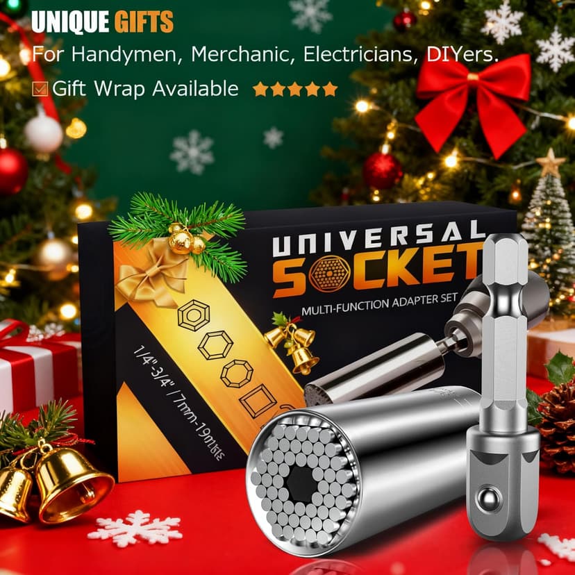 Super Universal Socket Tools Gifts for Men - Christmas Stocking Stuffers for Men Grip Socket Set with Power Drill Adapter Cool Stuff Ideas Gadgets for Him Birthday Gifts for Dad Women Husband (7-19mm)