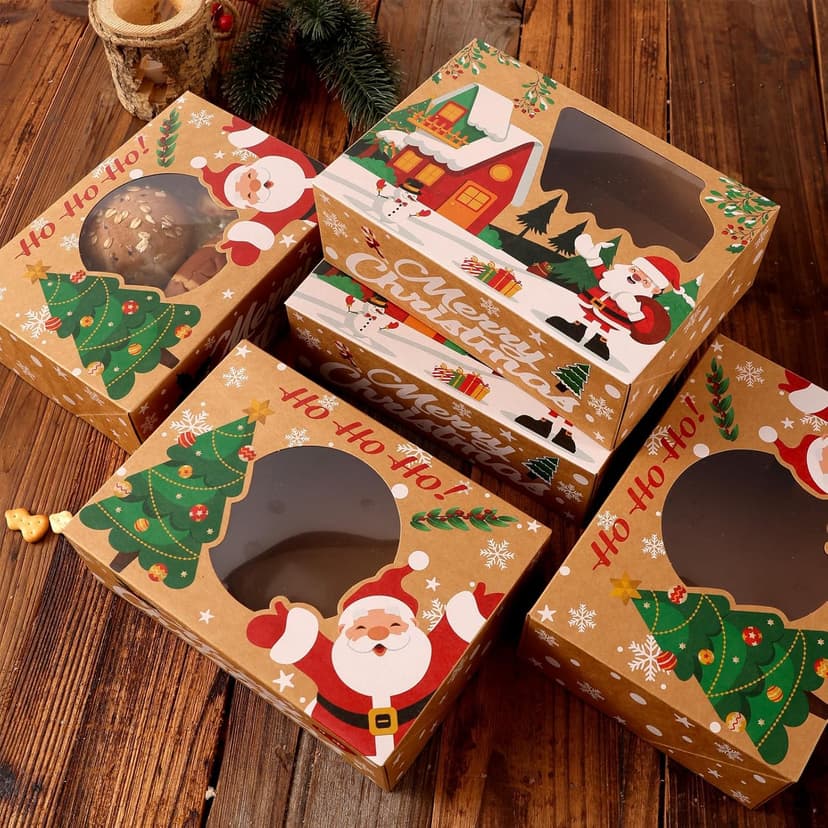 24 Pack Christmas Cookie Boxes - 8.25"x6"x2.75" Brown Kraft Bakery Box with Window for Holiday Treats, Gift Exchange Box for Baked Goods, Cookie Tins with Lids for Gift Giving