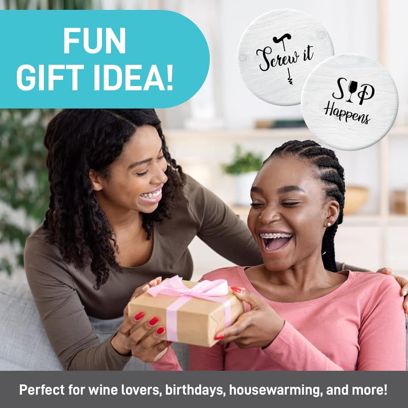 Coasters for Drinks Absorbents with Holder - 6 Pcs Gift Set with 6 Funny Sayings for Wine Lovers - Ceramic Stone with Corked Back, Unique Present for Housewarming, Living Room Decor