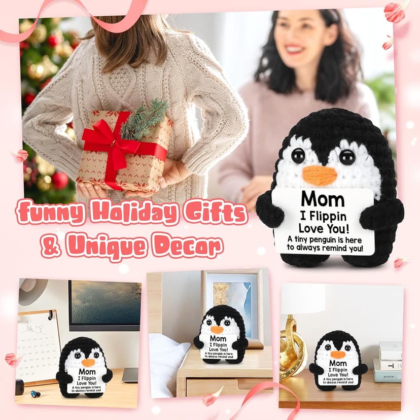 Birthday Gifts for Mom from Daughter Son, Handmade Crochet Mini Penguin Mom Gifts for Birthday Christmas Mama Mother in Law Bonus Step Mothers, Funny I Love You Mum Present Emotional Cute Decor