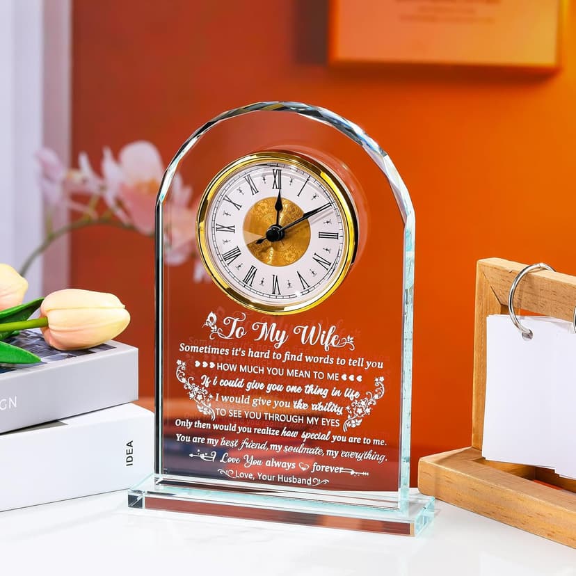 Gifts for Wife Romantic Anniversary Birthday Gift Ideas, Glass Clock to My Wife from Husband for Valentine's Day Christmas Mother's Day Crystal I Love You Keepsake Home Decor