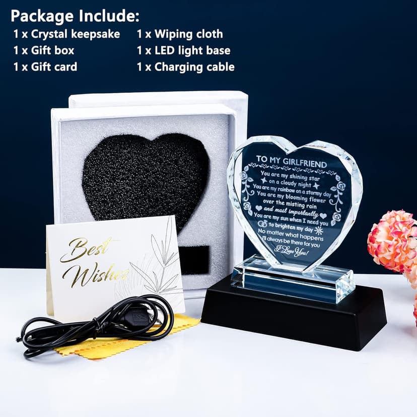 YWHL Romantic Girlfriend Gifts from Boyfriend, To My Girlfriend Crystal Heart Shaped Keepsake with Colorful Light Base, Girlfriend Birthday Gift, Gifts for Girlfriend on Anniversary Valentine