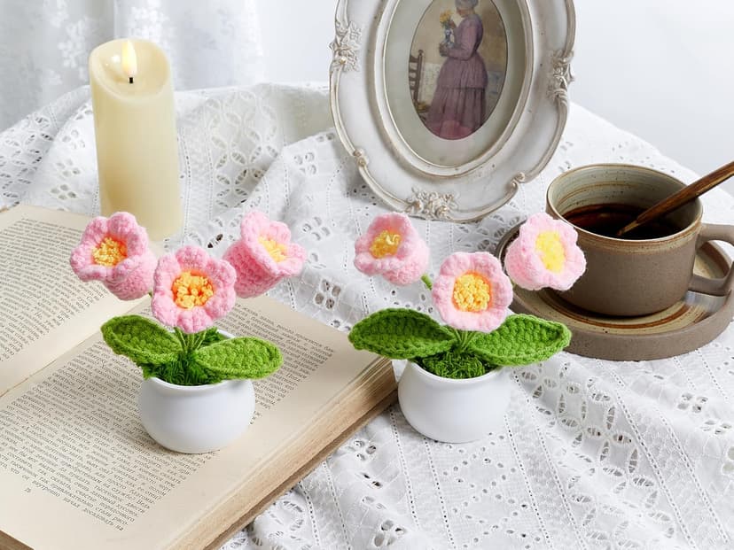 LAIDANLA Crochet Flower Potted, Pink Small Handmade Knitted Flowers Lilly of The Valley for Desk, Christmas Appreciation Birthday Gifts for Women Mom Sister Grandma Coworker Friend Teacher