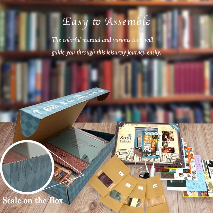 DIY Book Nook Kit with Music Box, Wooden 3D Puzzle Dollhouse with LED, Miniature House Kit Bookends for Adult and Teen, Bookshelf Decor, Creative Gift for Friends and Family. Soul Bookstore