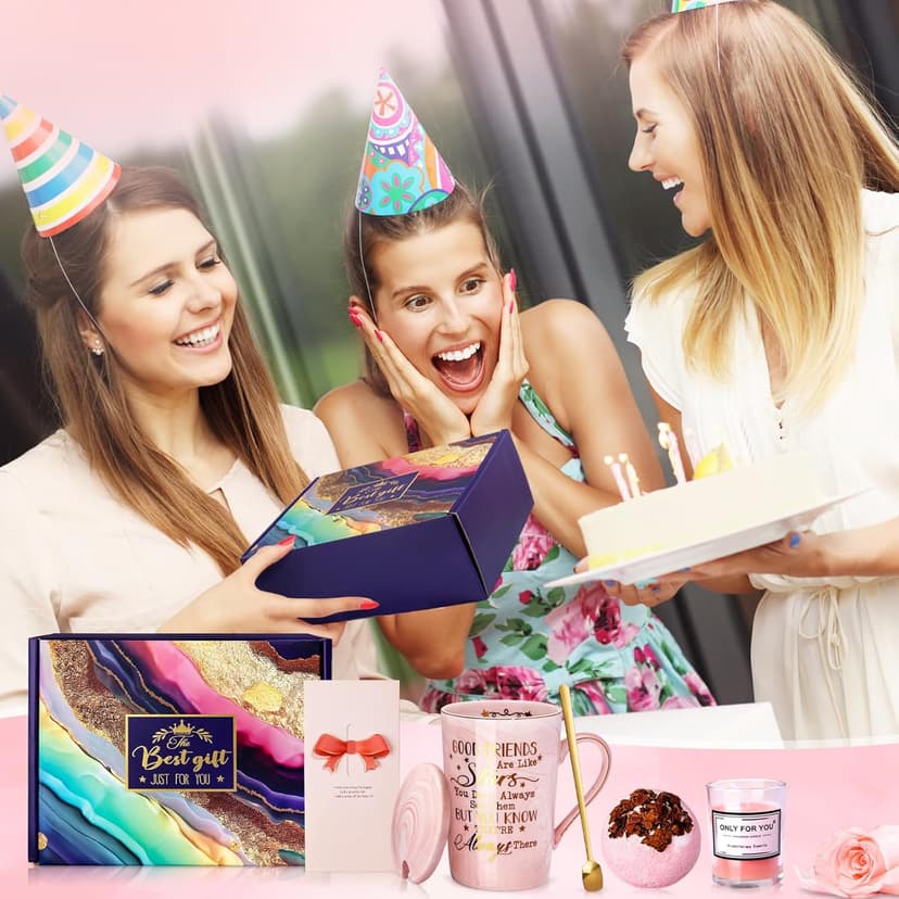 Best Friend Birthday Gifts for Women, Unique Friendship Gifts Ideas for Bestfriend, Female Besties, BFF Sister, 14oz Pink Marble Coffee Cup with Lid Spoon Card, Box, Best Friends Gift Basket Set of 6