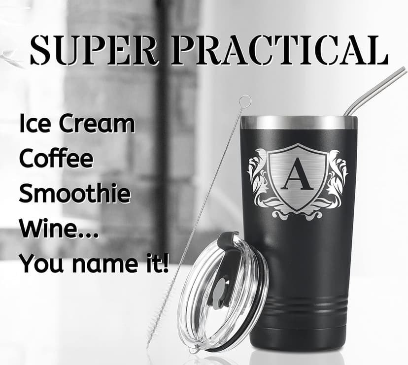 Onebttl Onebttl Personalized Gifts for Men with Initials, Monogrammed Travel Tumbler for Him, Custom Coffee Cups, Unique Birthday Christmas Gifts for Men who Have Everything, Black, 20oz, J