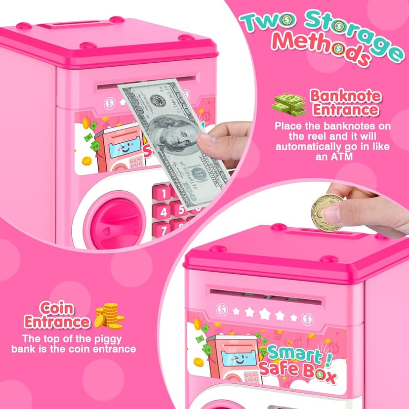 Pink Piggy Bank for Kids with Password Code Lock and Auto Grab Bill Slot, PhilaeEC Real Money Cash Coin Can Saving Box Electronic Money Safe Bank, Hot Gift for 4 7 8 9 10 11 Year Old Boys Girls