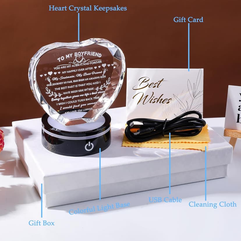 YWHL Gifts for Boyfriend with Colorful LED Base Unique Birthday Gift Ideas from Girlfriend Romantic Heart Crystal Keepsakes to My Anniversary Christmas Valentine Day Clear 4.33*3.74*.1.18