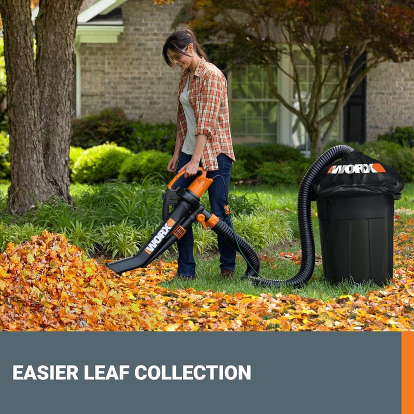 WORX Trivac 3-in-1 Electric Leaf Blower for Lawn Care, Leaf Mulcher/Leaf Vacuum with Bag, 350 CFM & 210 MPH, Leaf Shredder with Metal Impeller, Reusable Bag Included, Corded, WG505.2