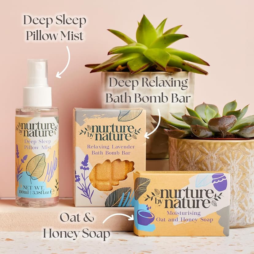 NURTURE BY NATURE Relax & Calm Christmas Gift Basket – Spa Gifts for Women with Bath Bomb, Hand Cream, Lavender Pillow Mist & Scented Candle - Vegan - Stocking Stuffers, Holiday Gifts, Gifts for Mom