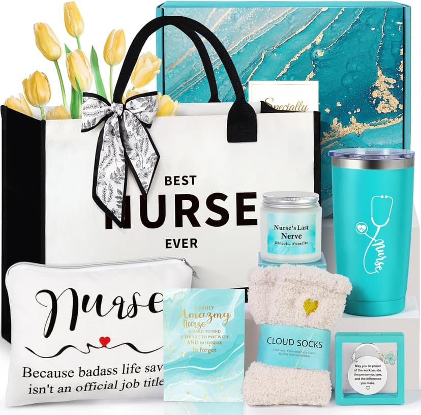 Nurse Gifts for Women, Rn Appreciation Gift Set Nurses Week Set Graduation Box Christmas Basket for Nurses Female Nursing Student with Canvas Beach Tote Bag Tumbler Keychain Teal