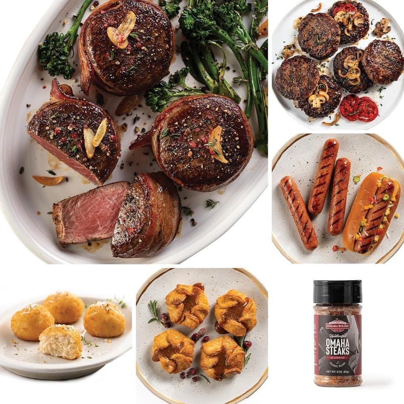 Omaha Steaks Deluxe Gift Package (4 Bacon-Wrapped Filet Mignons, 4 Steak Burgers, 4 Gourmet Jumbo Franks, 4 Potatoes au Gratin, 4 Caramel Apple Tartlets, 1 jar Omaha Steaks Seasoning)
