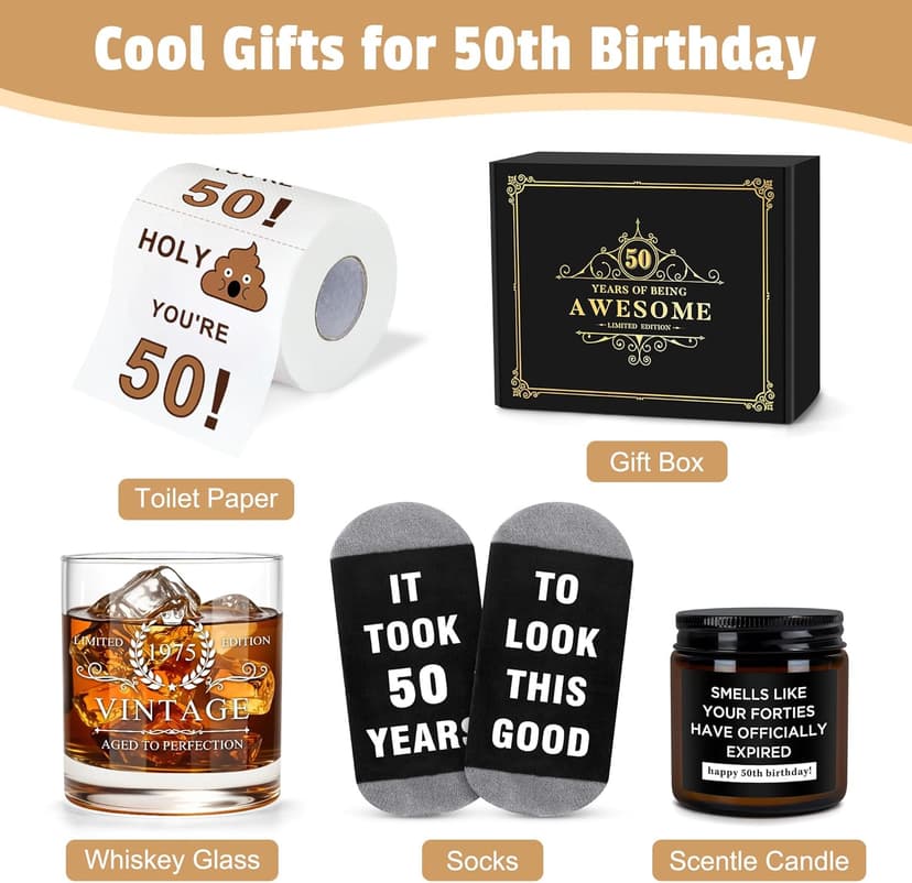 50th Birthday Gifts for Him Cool Gifts for 50 Year Old Man Happy 50th Birthday Decorations for Men Vintage 1975 Wine GlassToilet Paper Roll Novelty Socks Funny 50 Year Old Gift ideas for Mens