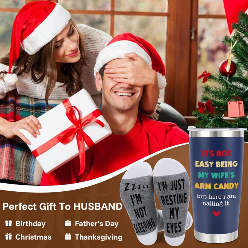 Husband Anniversary Men Gifts for Him from Wife, Husband Birthday Christmas Stocking Stuffers Gift, Wedding Anniversary Men Gifts for Husband Who Has Everything, 20oz Dark Bule Tumbler Cup ＆ Socks